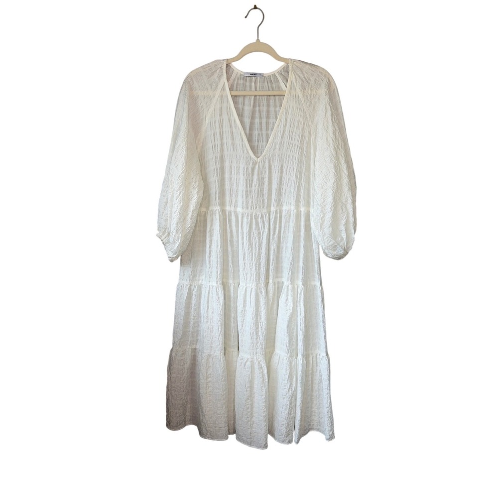 Sheike‎ White Textured Tiered Midi Dress V-Neck Balloon Sleeve Size 10